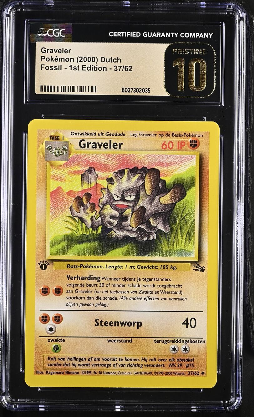 CGC 10 PRISTINE Graveler 1st Edition 37/62 Pokémon 2000 Dutch Fossil (PSA/BGS)